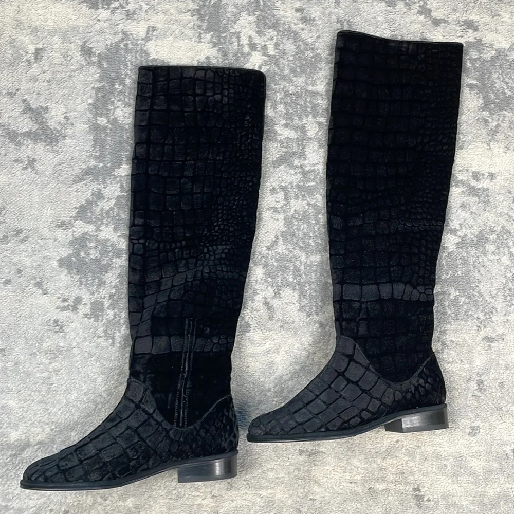 Stuart Weitzman Velvet Croco Nero Black Knee High Riding Boot Sz 35